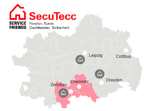 Karte SecuTecc Service Abdeckung Region Zwickau-Glauchau-Chemnitz