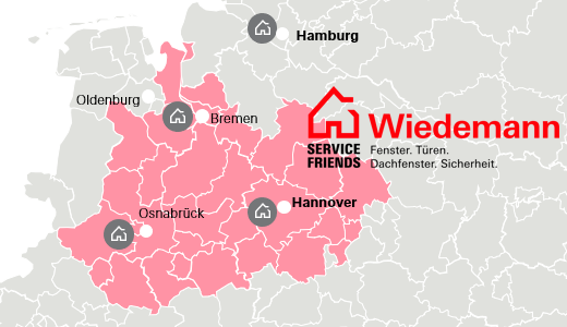 Eine Landkarte in der die Service Friends Standorte rund um Hannover markiert sind.