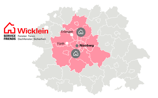 Eine Landkarte in der die Service Friends Standorte rund um Nürnberg markiert sind.