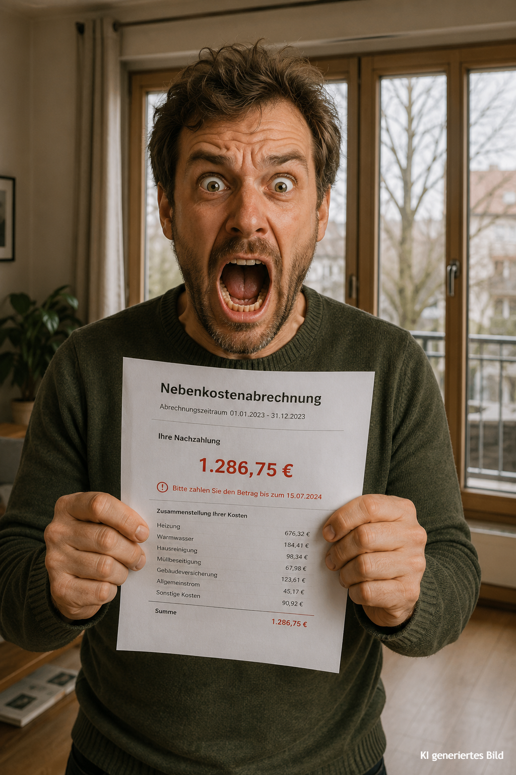 Mann schreit weil er eine teure Nebenkostenabrechnung erhalten hat