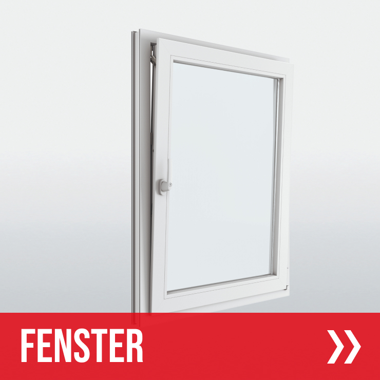 Ein weißes Fenster, das in gekippter Position leicht geöffnet ist. Unten im Bild ist die Aufschrift "Fenster".