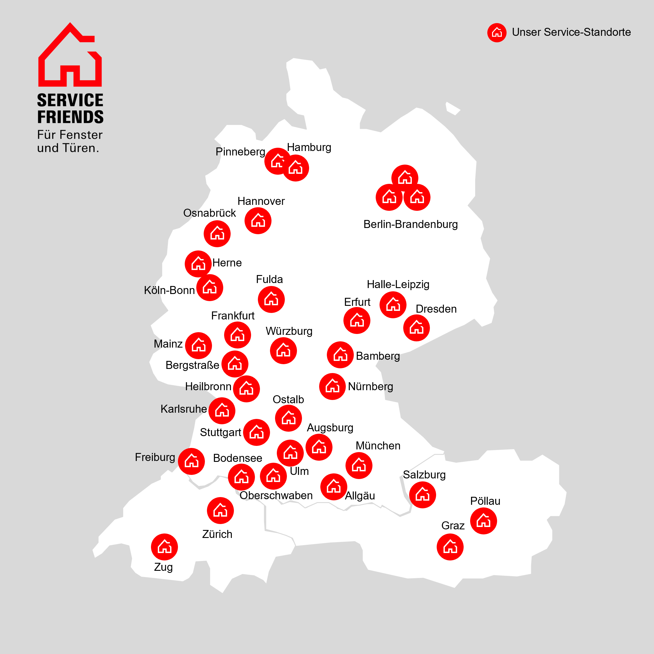 Eine Landkarte mit alle Service Friends Standorten in Deutschland.