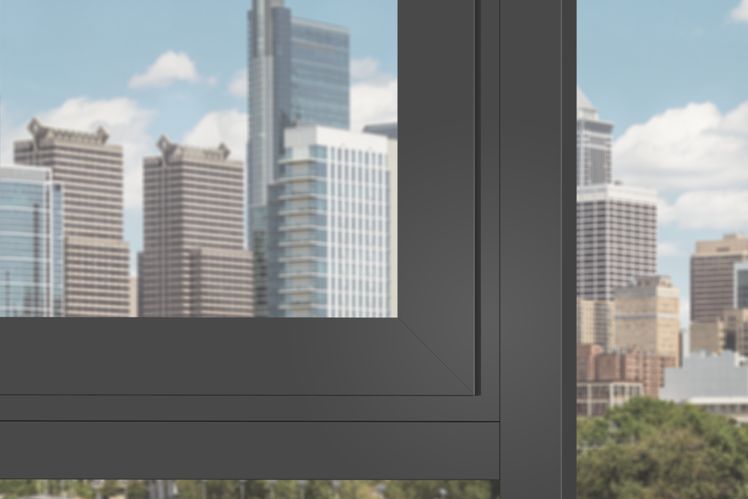 Eine Ecke eines Fensters mit dunklem Rahmen, durch das eine Skyline im Hintergrund zu sehen ist.