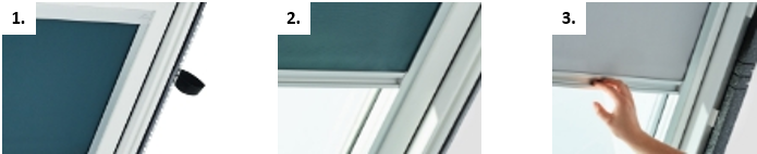 Eine dreiteilige Nahaufnahme eines Dachfenster mit Verdunkelungsrollo in verschiedenen Positionen.