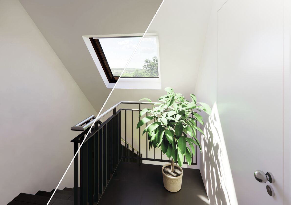 Vorher-Nachher Dachfenster in Treppenhaus Vorher-Nachher Dachfenster in Treppenhaus