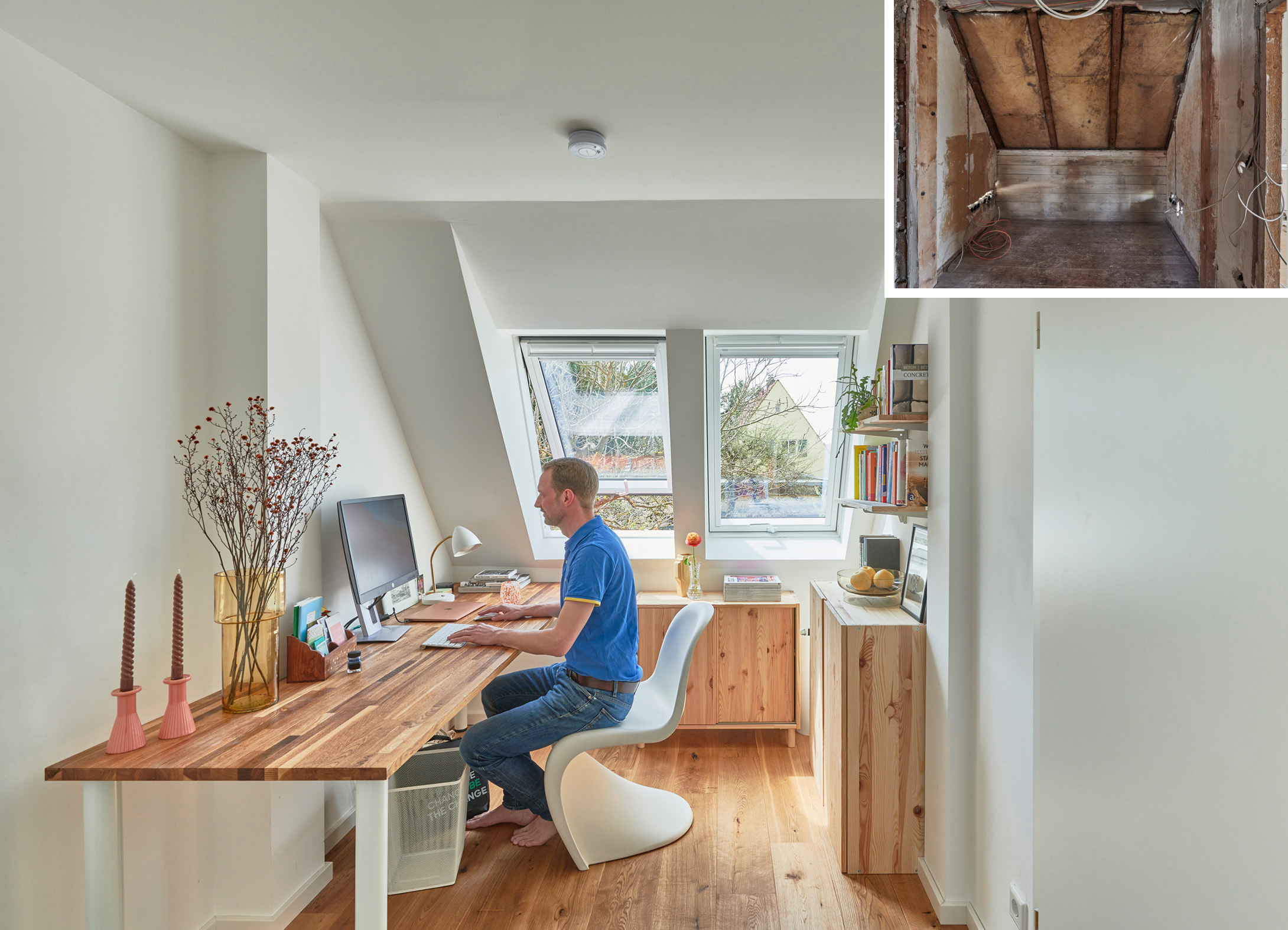 Velux Dachfenster Vorher-Nachher Bild - Mann im Arbeitszimmer