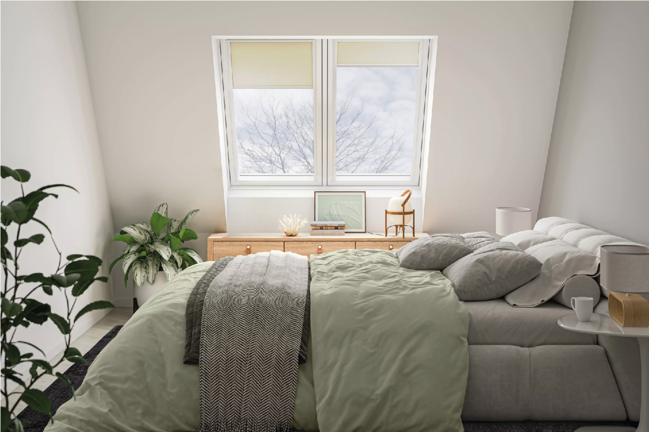 Schlafzimmer mit Dachfenster - Winterlandschaft