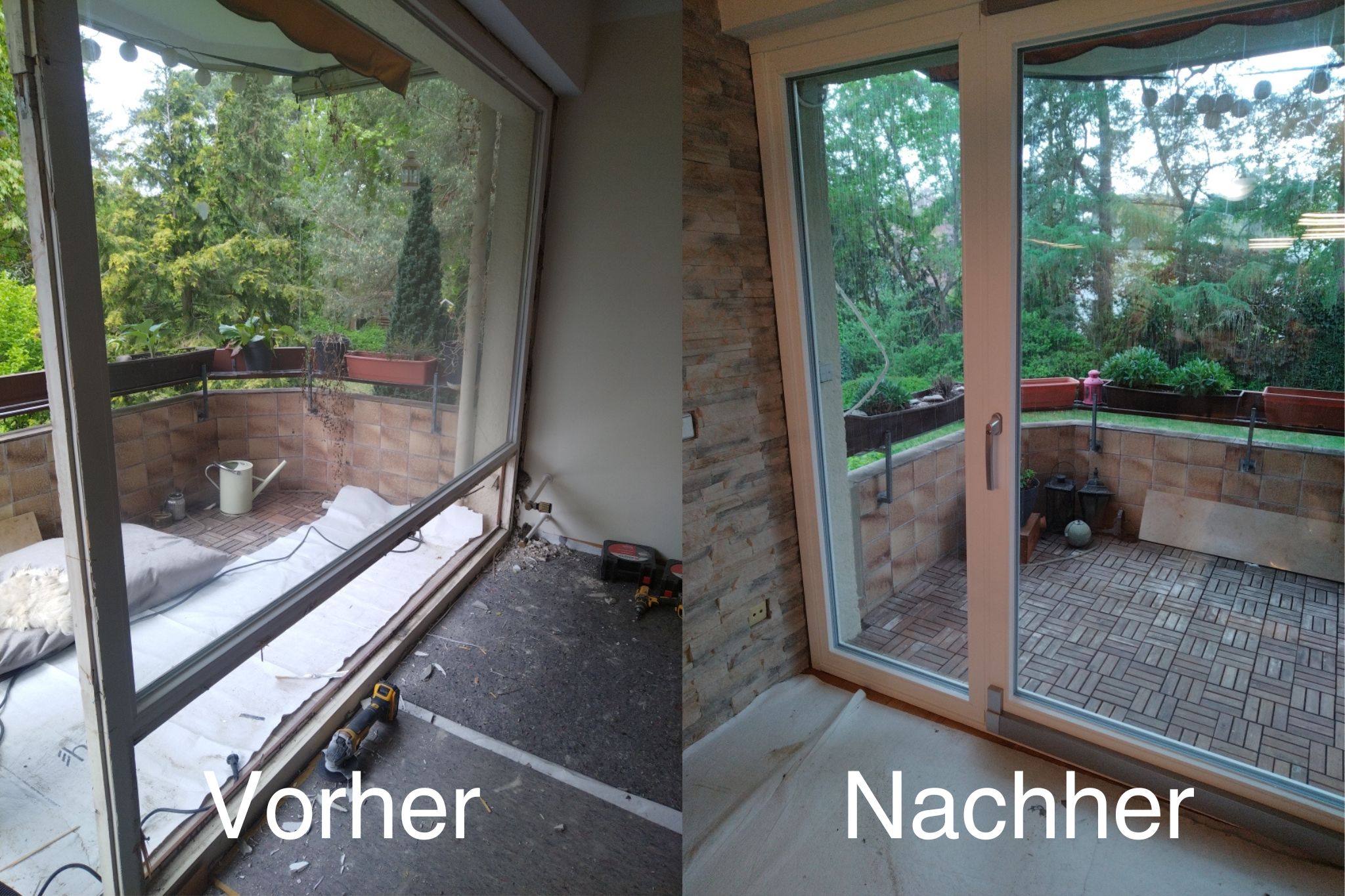 Eine Zweibilddarstellung von dem gleichen Balkonfenster vor und nach einer Renovierung.