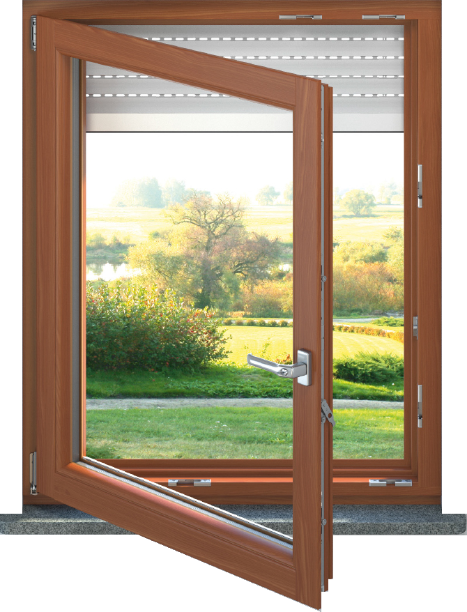 Geöffnetes Fassadenfenster mit Holzrahmen.